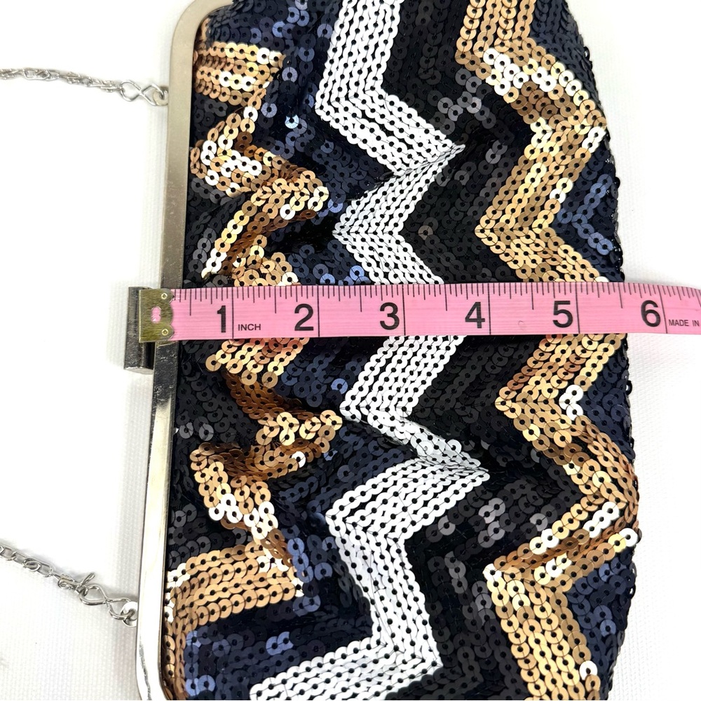 Lulu Townsend chevron sequined clutch w silver chain. Black white navy & bronze - Picture 8 of 11